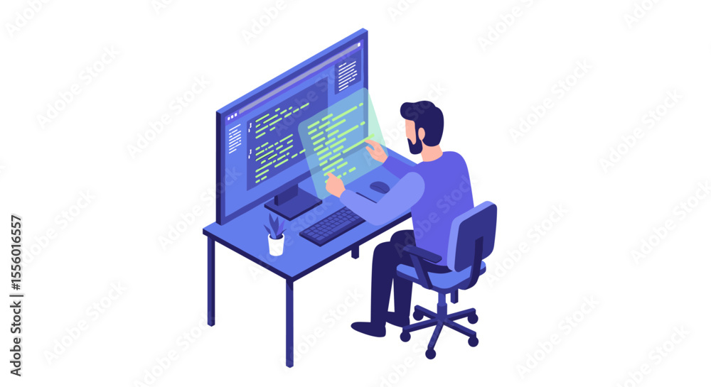 Poster isometric vector illustration of programmer in futuristic workspace for digital design and developme