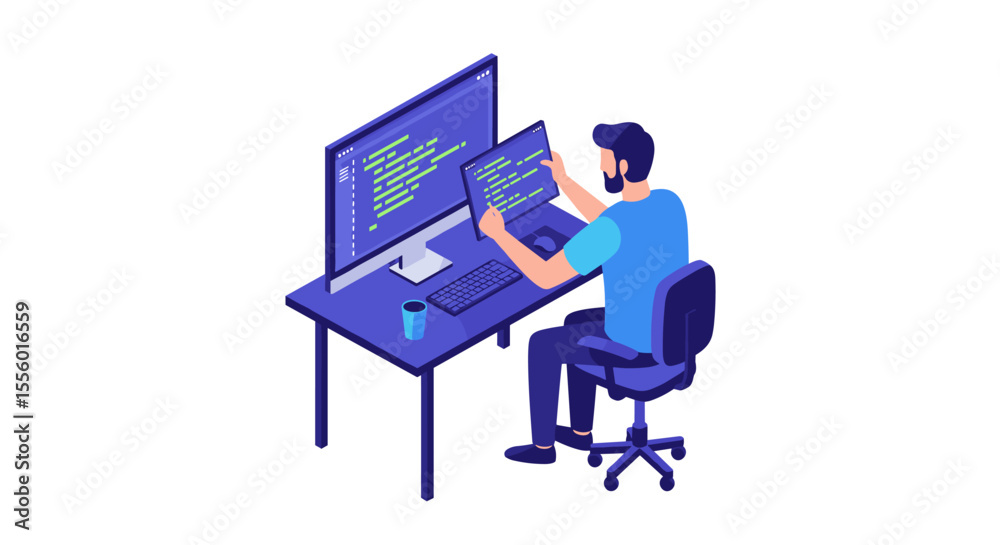 Poster programmer at work vector illustration in isometric style for technology design