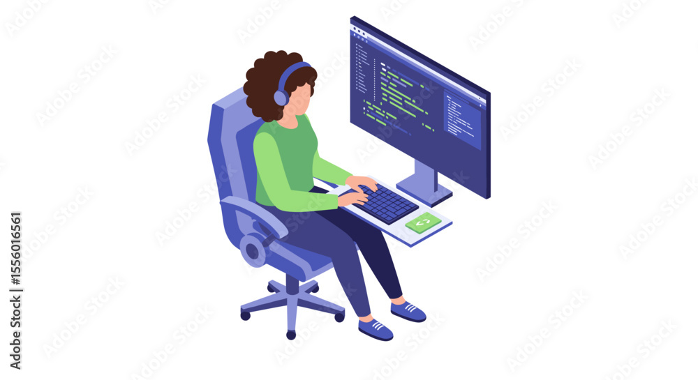 Poster isometric vector illustration of a programmer at work for tech design