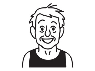 Obraz premium Black outline of cheerful old man with big smile isolated on white background, illustration. Concept of happy senior male character, happiness in old age, joyful elderly person, design element