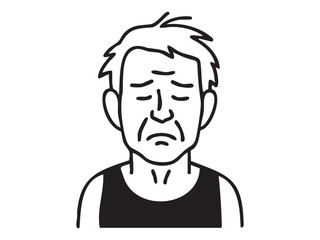 Black outline of elderly man with sad expression in sleeveless shirt, isolated on white background, graphic illustration. concept of human emotion, aging, portrait, mood, design element