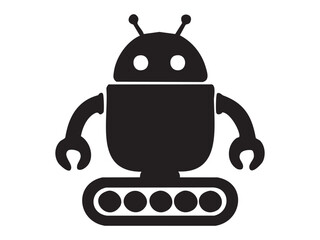 Obraz premium Black silhouette of robot toy with antenna and treads isolated on white background, graphic illustration. concept of futuristic design, childhood plaything, icon, logo, design element