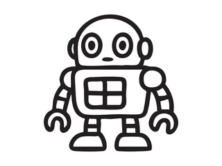 Black outline of robot toy isolated on white background, graphic illustration. concept of icon, logo, childhood plaything, futuristic design, mechanical character, creative art