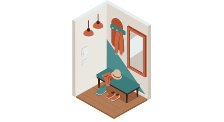 Obraz premium Cozy entrance interior vector illustration in isometric style for home decor