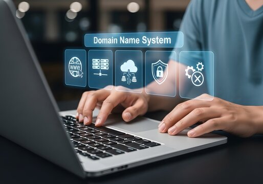 DNS domain name system and web server network system concept. Domain registration, website name, url address web page and hosting on website creation.