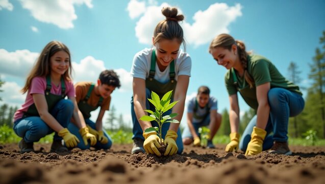 Volunteers plant young trees in a deforested area, Green Hope theme