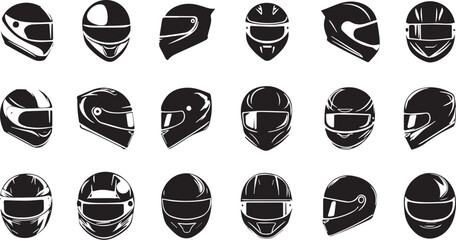 Collection of racing and safety helmet icon designs for graphic use. Flat Sport Helmet and Protection Equipment Vectors.