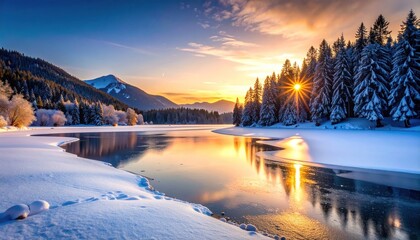 Serene winter landscape of a frozen lake reflecting sunset colors amid snow covered forest
