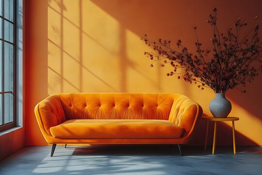 Orange velvet sofa with tufted details in a sunlit room with dri