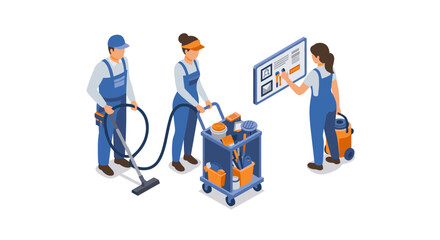Cleaning team isometric vector illustration for service posters