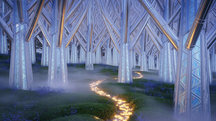 A shimmering, icy forest path winds through tall, light-blue structures.
