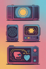 Retro electronic devices, stylized and colorful.
