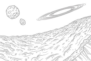 Fototapeta premium Alien landscape with planets and rings. Vast, otherworldly terrain. 