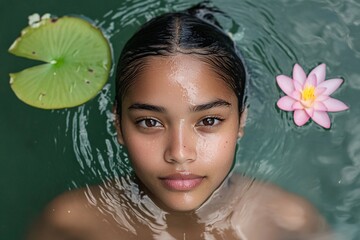 Young biracial girl with a serene expression, surrounded by lily pads and flowers in tranquil water.