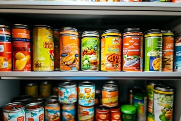 Colorful assortment of canned goods on a grocery shelf in a well-lit kitchen