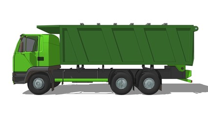 Rendered image of a green dump truck with a green dump bed, loaded with gray concrete barriers, from a side angle against a white backdrop. Related to industrial logistics, material transport