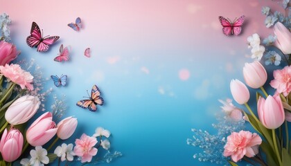 springtime themed background illustration with butterflies and flowers on a blue and pink background with room for copyspace
