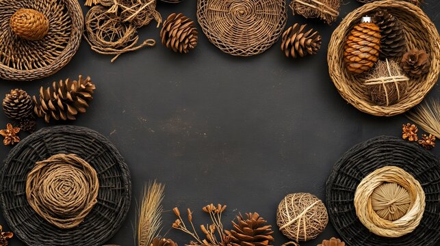 Autumnal Rustic Frame with Pine Cones and Wicker