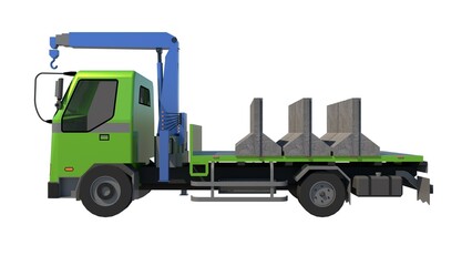 Obraz premium Rendered image of a green truck with a blue 6.5-ton capacity mounted crane, loaded with gray concrete barriers, from a side angle against a white backdrop. Related to specialized transportation