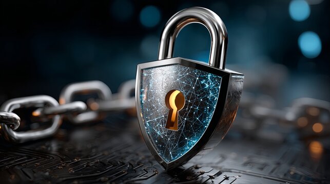A digital glowing padlock symbolizing digital security and encryption, secured by a chain. Advanced technology and cybersecurity in the digital age.