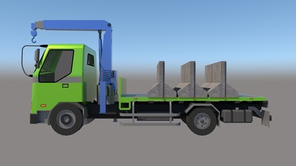 Fototapeta premium Rendered image of a green truck with a blue 6.5-ton capacity mounted crane, loaded with gray concrete barriers, from a side angle against a gradient backdrop. Related to specialized transportation