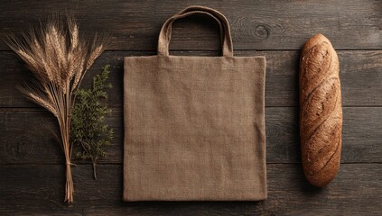 Flatlay of a brown tote bag, wheat stalks, greenery, and a loaf of bread on a dark wood surface