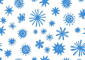 Seamless pattern of blue snowflake doodles on white background