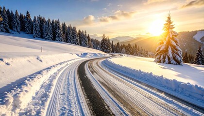 Serpentine road through wintry landscape at sunset with sunlight and snow