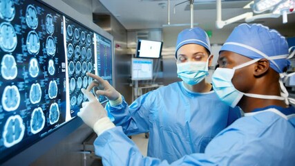 In a modern surgical environment, a medical team examines brain scans displayed on high-tech monitors. They discuss findings while ensuring patient safety and care - Powered by Adobe