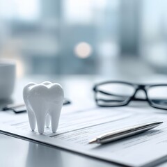 White model tooth rests on paperwork near glasses and pen, suggesting dental insurance or treatment