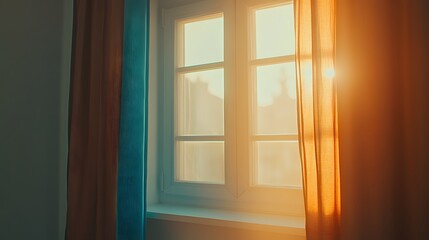 Sunrise Golden Light Through Curtains and Window