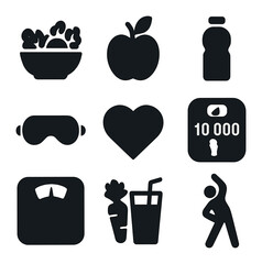 Healthy Lifestyle Icons. Solid, filled icons set of healthy lifestyle: salad bowl, apple, water bottle, sleep