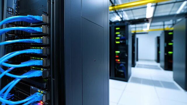 High-tech networking equipment is arranged neatly within a modern data center. Blue cables connect various devices, while systems operate efficiently. The facility emphasizes cutting-edge technology