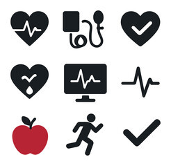 Heart Health Icons. Solid, filled icons set of heart health: heart beat, blood pressure cuff, healthy heart,