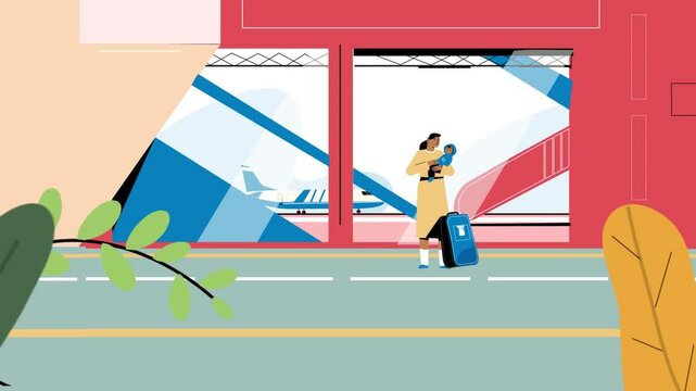  Plane landing with girl ka hand baby Animation