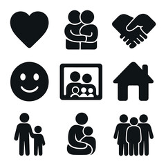 Family Love Icons. Solid, filled icons set of family love: heart, hug, holding hands, smiling face, family
