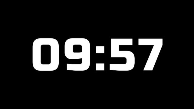 Digital countup clock timer in zero second to 10 minute. White text number on isolated black background. Element for overlay concept. 10 minute countdown timer with black background. - Powered by Adobe