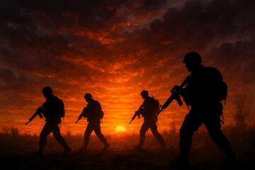 Silhouetted soldiers walking during sunset, dramatic scene of military personnel in front of fiery sky, intense backlighting and shadowed figures Military Background