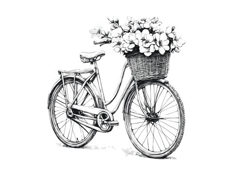 Spring bicycle floral engraving, vintage transport motif, hand-drawn retro sketch, old engraving style, trendy black artwork, seasonal decor, rustic bike illustration, retro floral design - Powered by Adobe