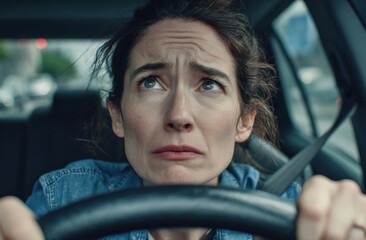 Obraz premium Anxious woman grips the steering wheel, her worried expression reflecting the stressful traffic ahead.