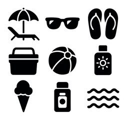 Beach Icon Set. Solid, filled icons set of beach hangout: umbrella, beach chair, sunglasses, flip-flops,