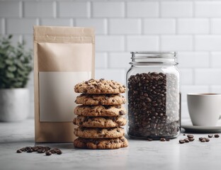 A stack of chocolate chip cookies sits beside a jar of coffee beans and a bag of coffee; a cup of coffee and scattered beans complete the scene