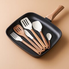 A dark square pan holds a set of wooden-handled, white and beige silicone cooking utensils; spatula, spoon, slotted spoon, and fork