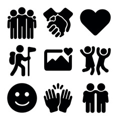 Friendship Icon Set. Solid, filled icons set of friendship goals: group hug, matching bracelets, heart icon,