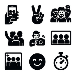 Friend Selfie Icon Set. Solid, filled icons set of friend group selfies: phone icon, peace sign, funny face,