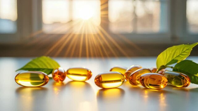 Golden health capsules rest on a surface alongside fresh green leaves. Sunshine streams through a window, casting a warm glow on the scene