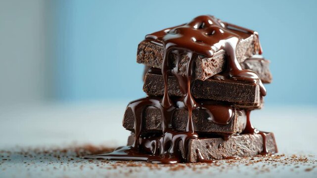 Dark chocolate bars are stacked high, dripping with rich melted chocolate in a clean, well-lit environment. The smooth texture creates an inviting dessert experience