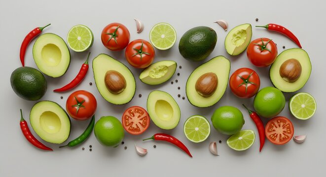 Fresh Ingredients for Guacamole and Salsa: Avocado, Tomato, Lime, Chili, and Garlic