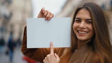 Woman background street holding a sign , smiling and pointing at the sign - Powered by Adobe