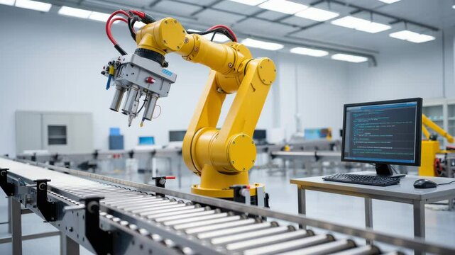 A yellow robotic arm operates on a conveyor belt in a high-tech manufacturing facility. The robot efficiently performs assembly tasks while a computer displays programming and monitoring data